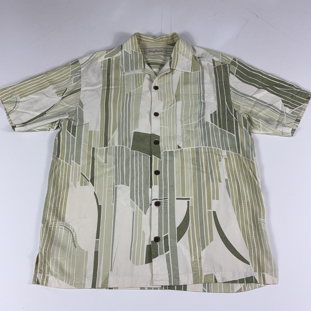 Tommy Bahama Shirt Mens S Green Silk Geometric Hawaiian Short Sleeve Button Up